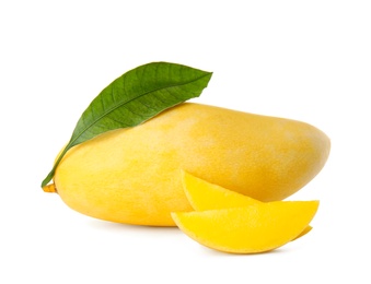 Photo of Fresh juicy mango and leaf isolated on white