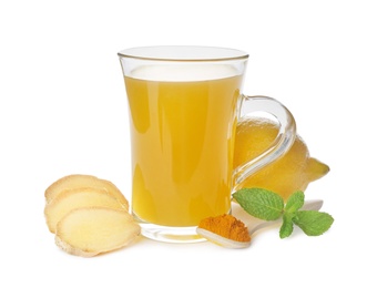 Photo of Immunity boosting drink with ginger, lemon, mint and turmeric on white background