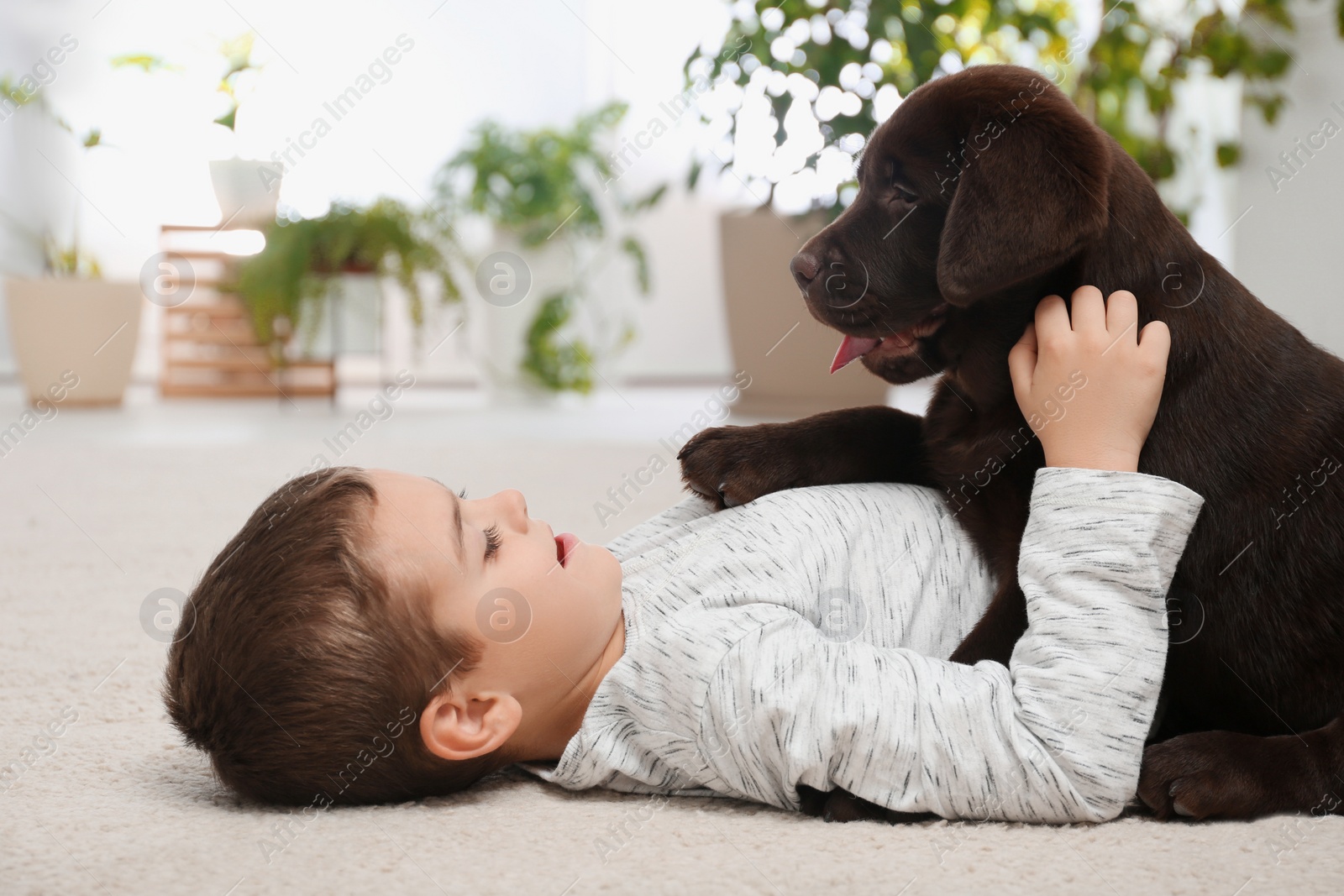 Photo of Little boy with dog lying on floor at home
