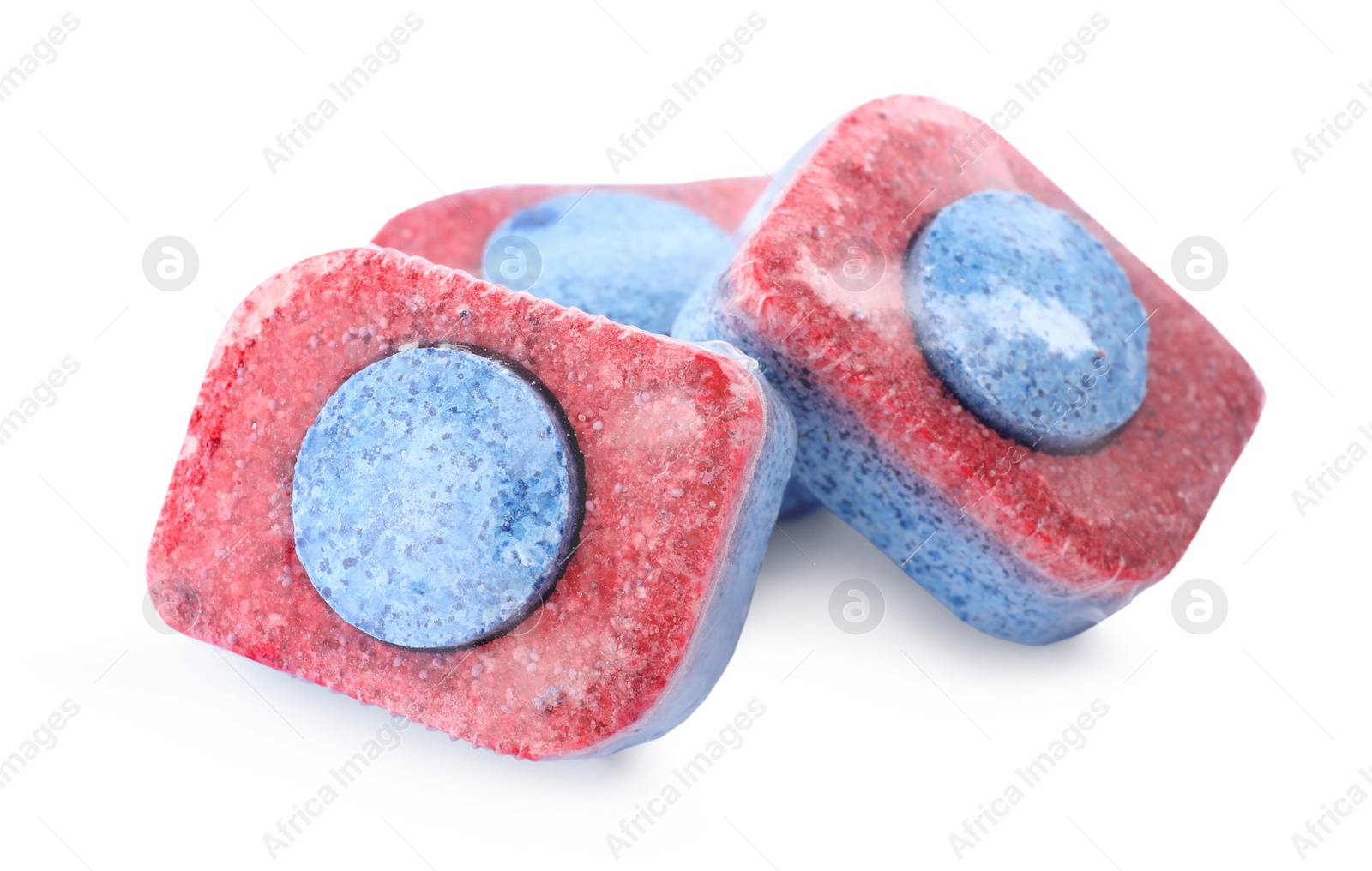 Photo of Pile of dishwasher detergent tablets on white background