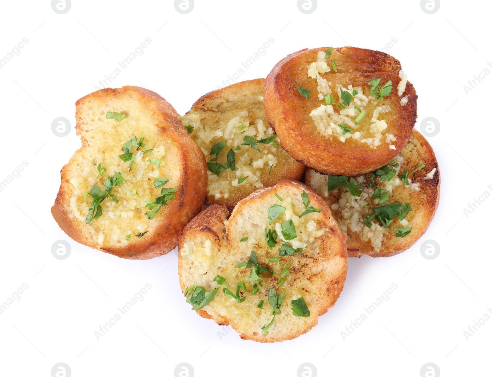 Photo of Slices of toasted bread with garlic and herb on white background, top view