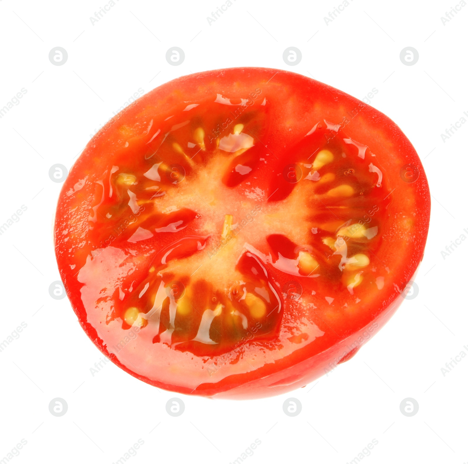 Photo of Half of ripe cherry tomato isolated on white