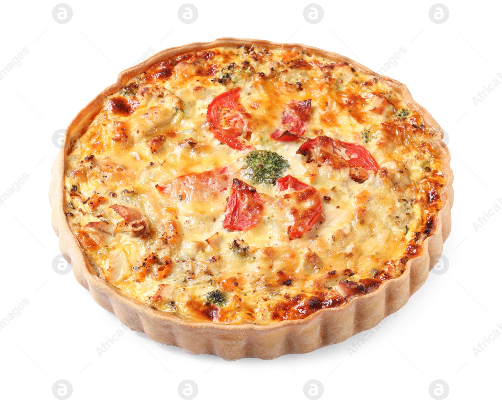 Photo of Tasty quiche with cheese and tomatoes isolated on white