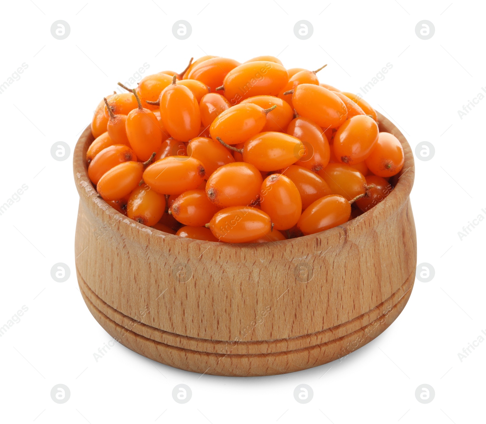 Photo of Fresh ripe sea buckthorn berries in bowl on white background