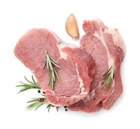 Photo of Fresh raw meat with rosemary and spices isolated on white, top view