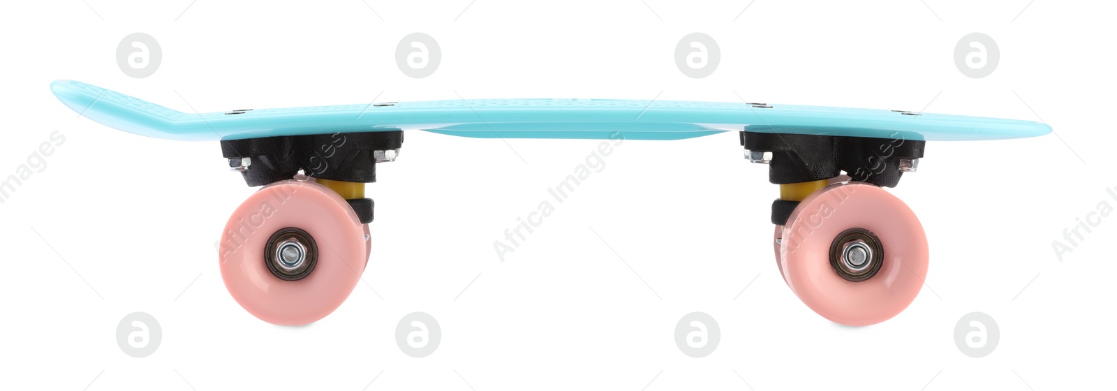 Photo of Light blue skateboard isolated on white. Sports equipment