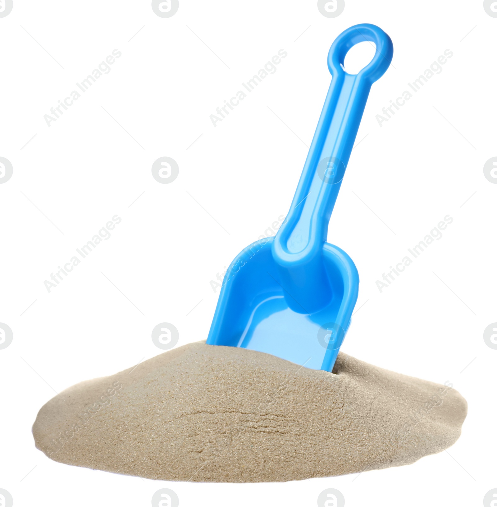 Photo of Pile of sand and light blue plastic toy shovel on white background