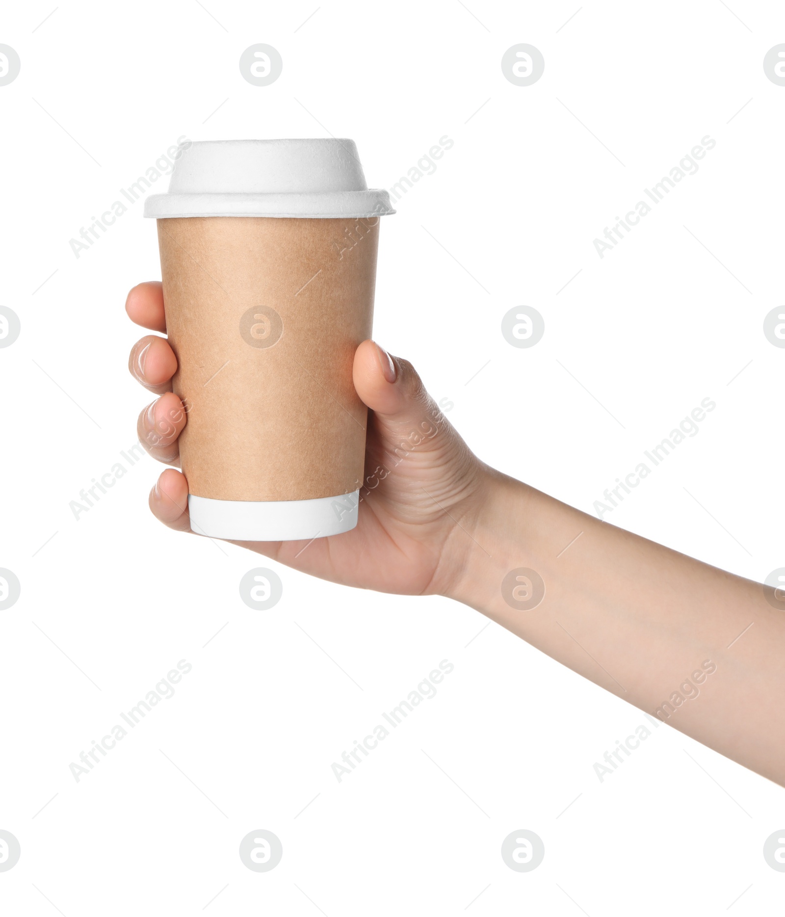 Photo of Woman holding paper cup of tasty drink on white background. Coffee to go