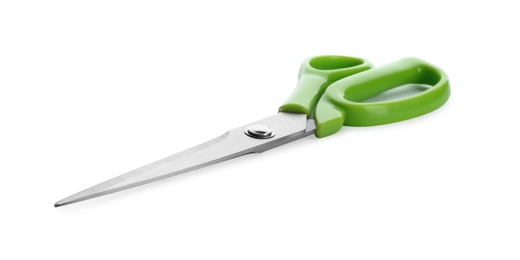 Pair of sharp scissors on white background