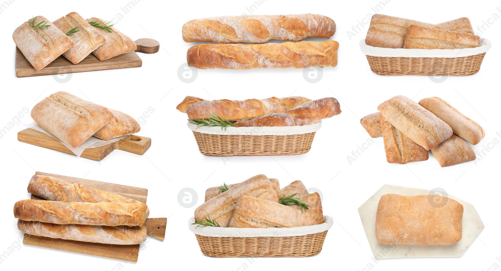 Image of Set with fresh delicious ciabattas and baguettes on white background 