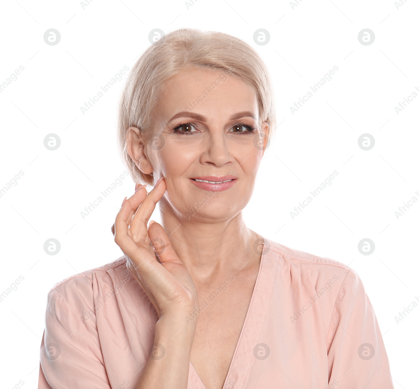 Photo of Portrait of mature woman with beautiful face on white background