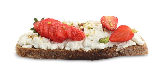 Photo of Delicious ricotta bruschetta with strawberry and pistachios isolated on white