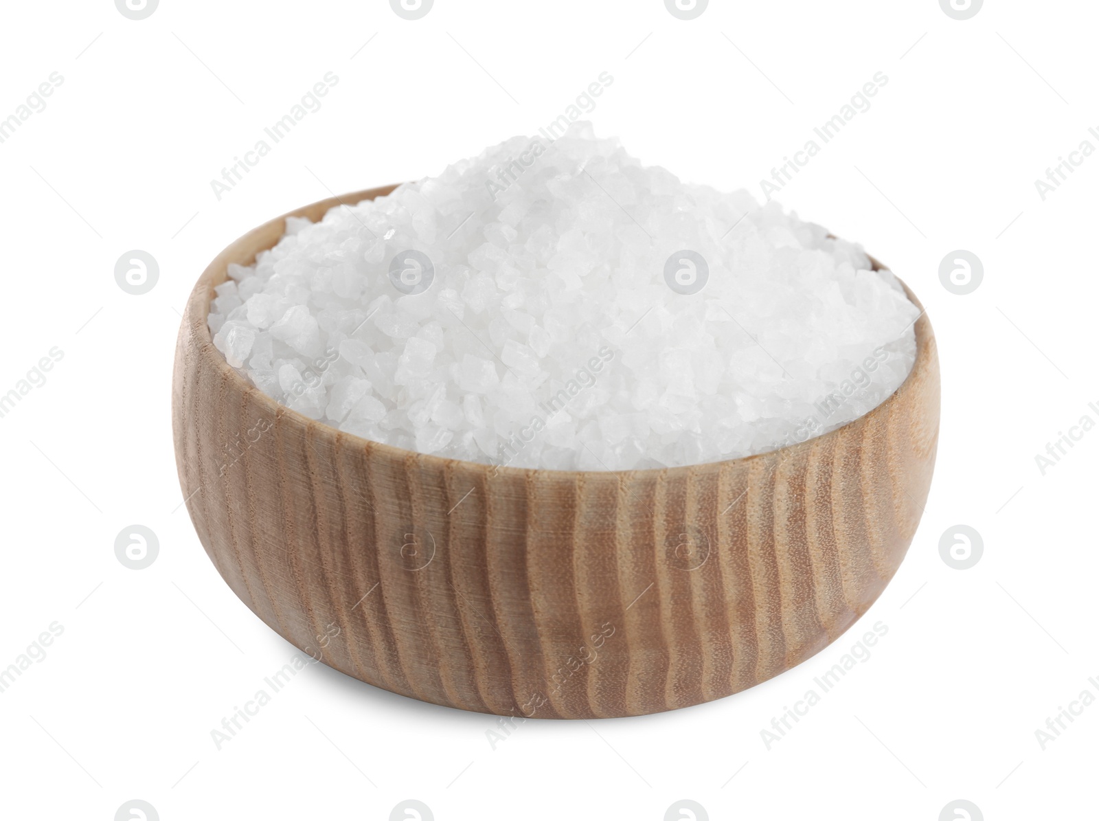 Photo of Natural sea salt in wooden bowl isolated on white