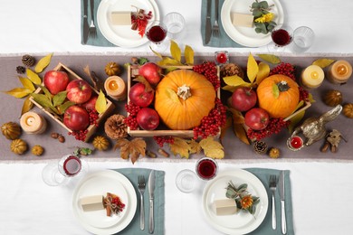 Photo of Beautiful autumn place setting and decor on table, flat lay