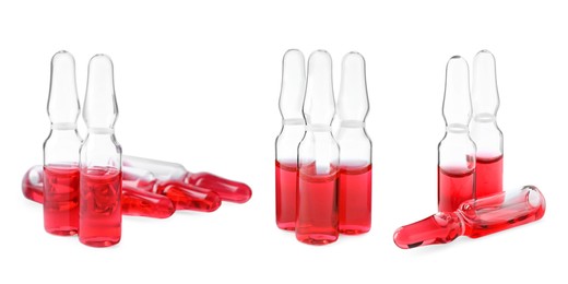 Image of Set with glass ampoules with pharmaceutical products on white background. Banner design