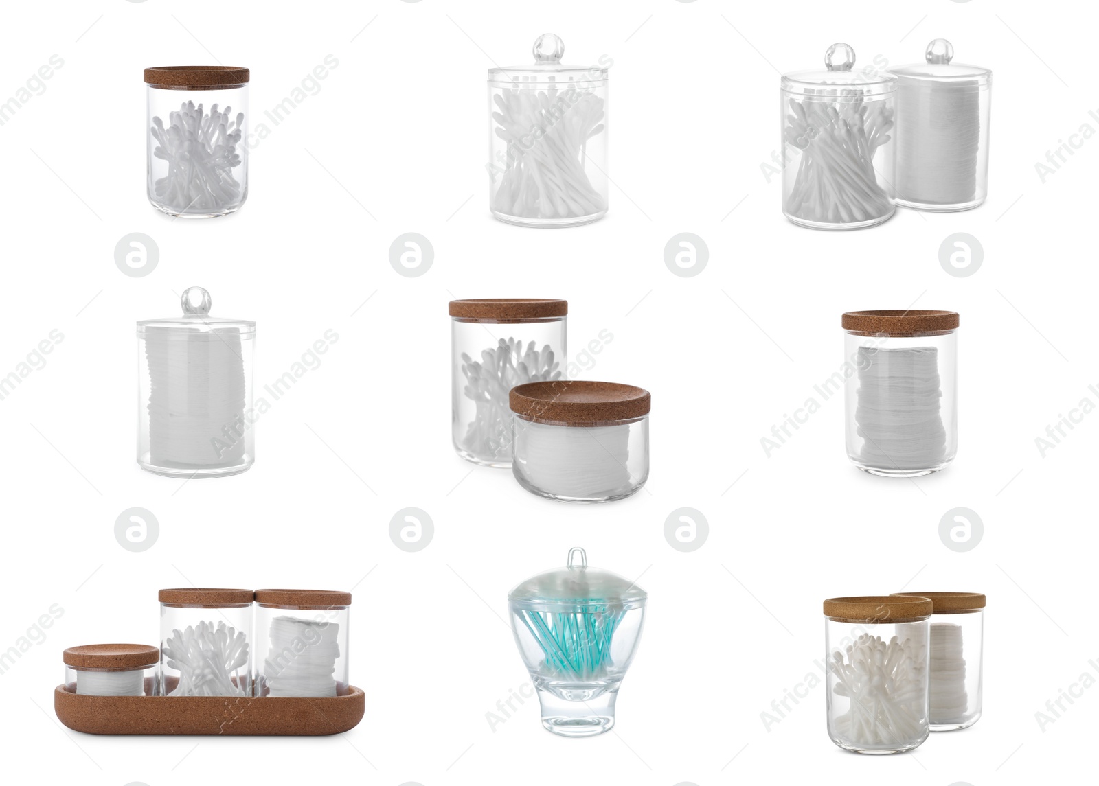 Image of Set with cotton pads and swabs in plastic jars on white background