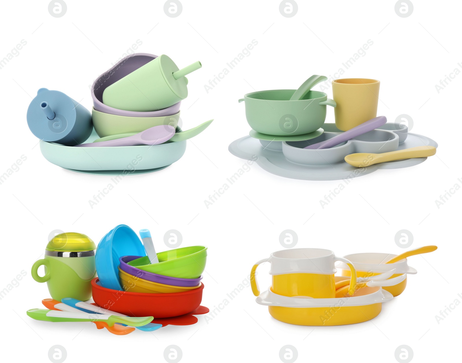 Image of Set with colorful dishware on white background. Serving baby food