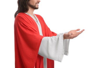 Photo of Jesus Christ reaching out his hands on white background, closeup