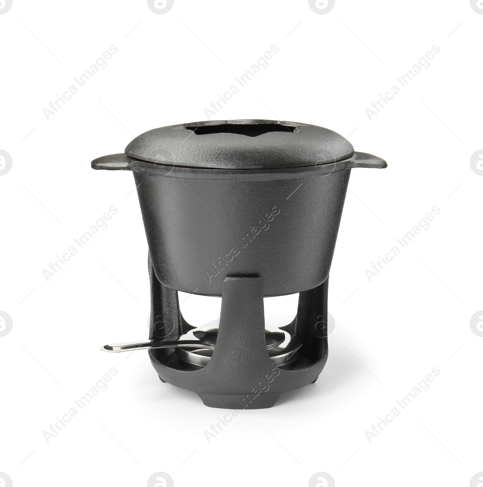 Photo of Fondue set isolated on white. Cooking utensils
