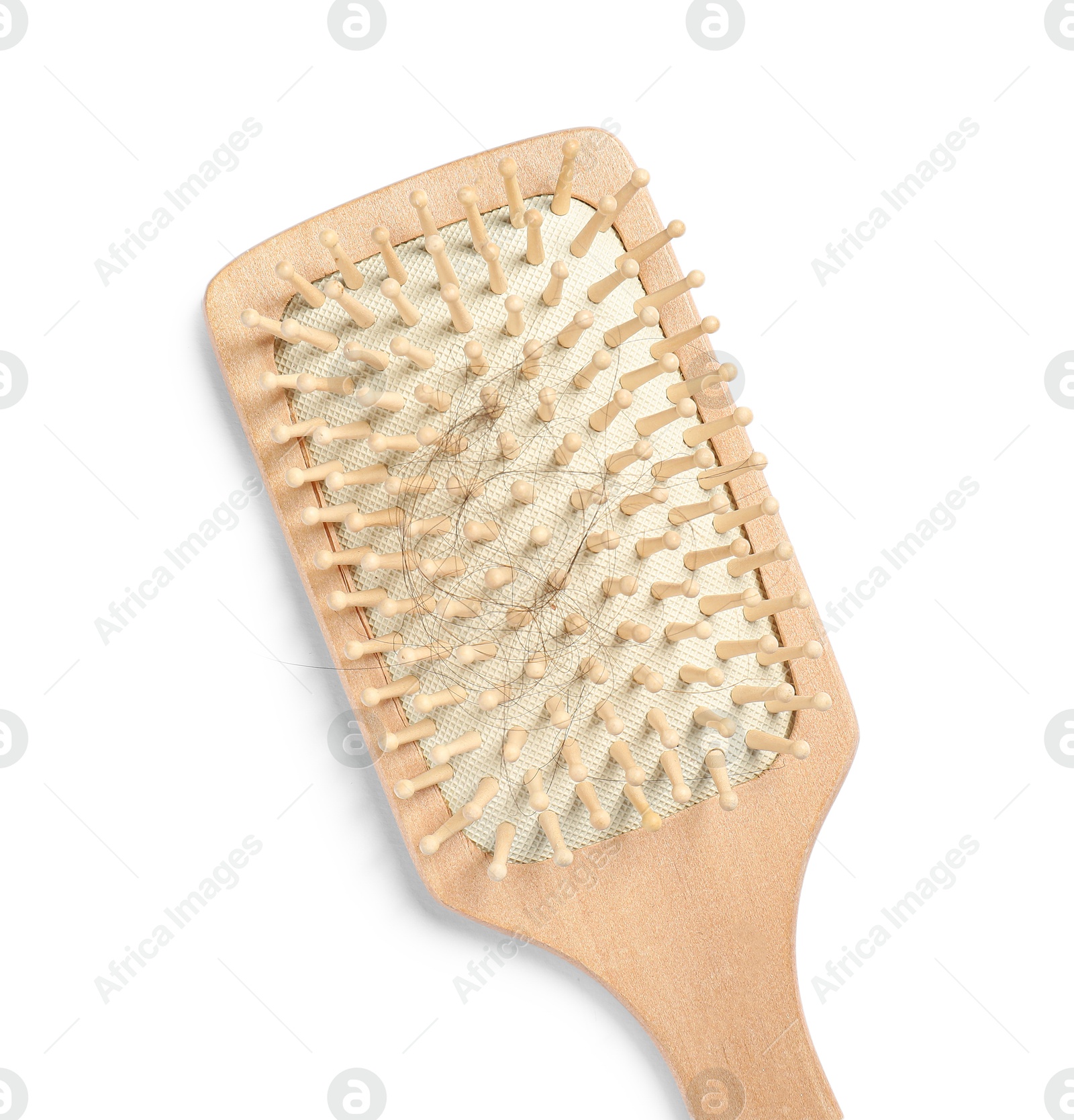 Photo of Wooden brush with lost hair isolated on white, top view