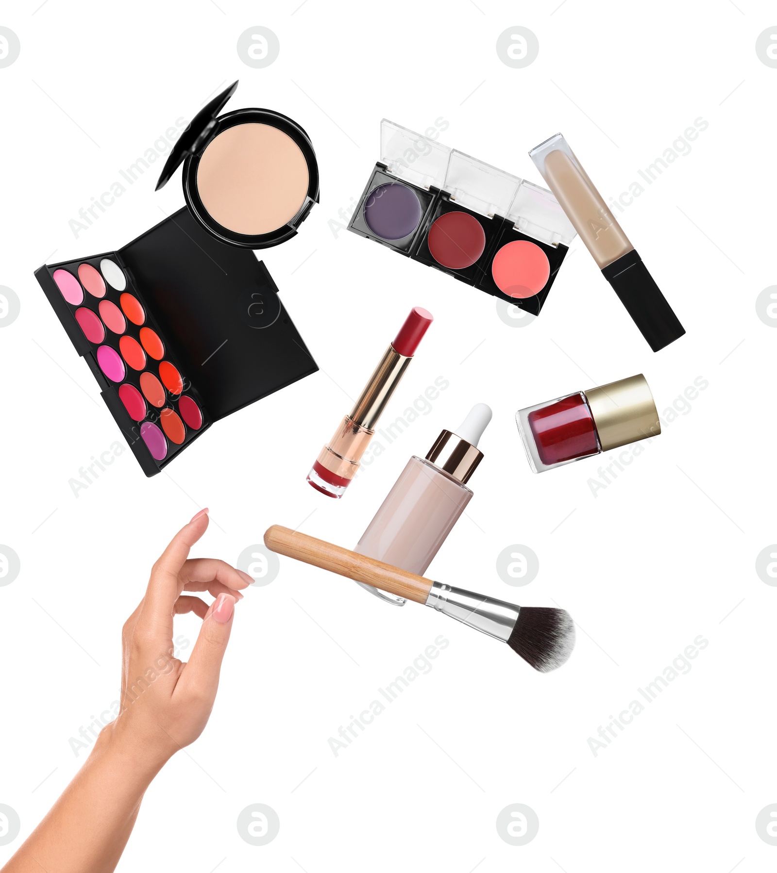 Image of Woman making decorative cosmetics levitate on white background, closeup. Makeup products