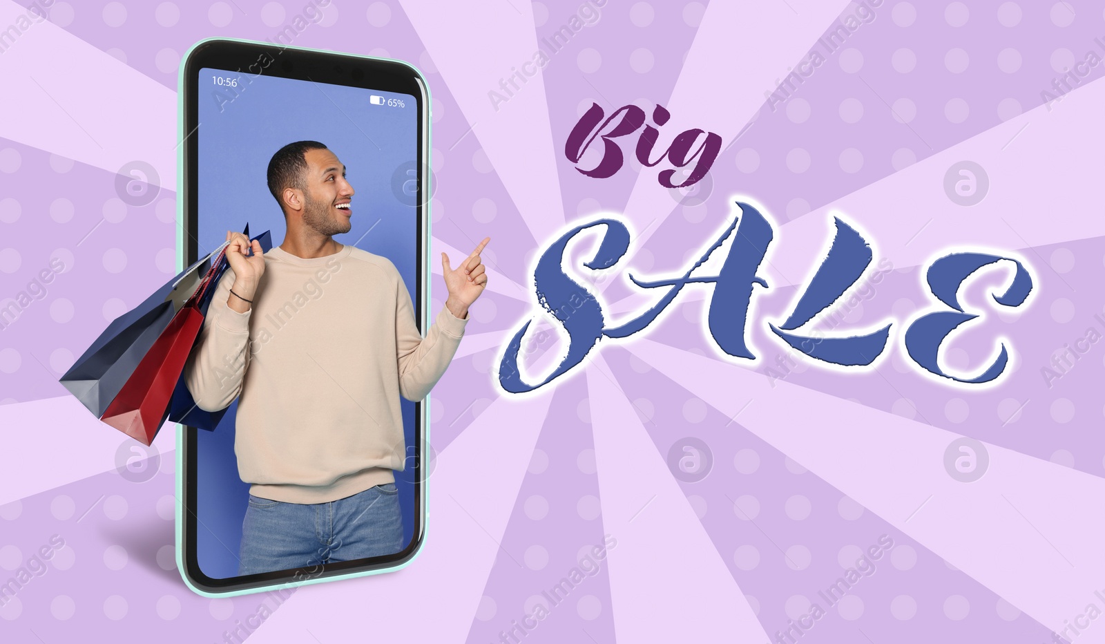 Image of Sale flyer design. Happy man with shopping bags looking out huge smartphone on color background