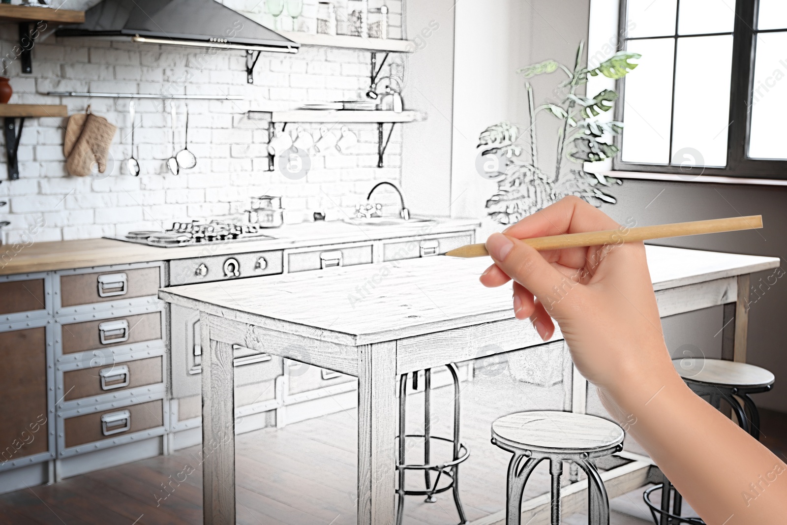 Image of Woman drawing kitchen interior design. Combination of photo and sketch