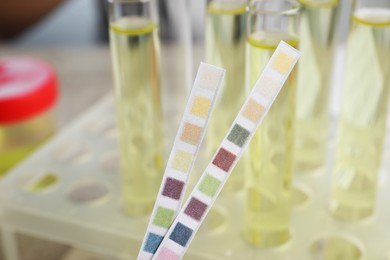 Photo of Urine test strips near tubes on blurred background, closeup