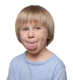 Cute little boy showing his tongue on white background