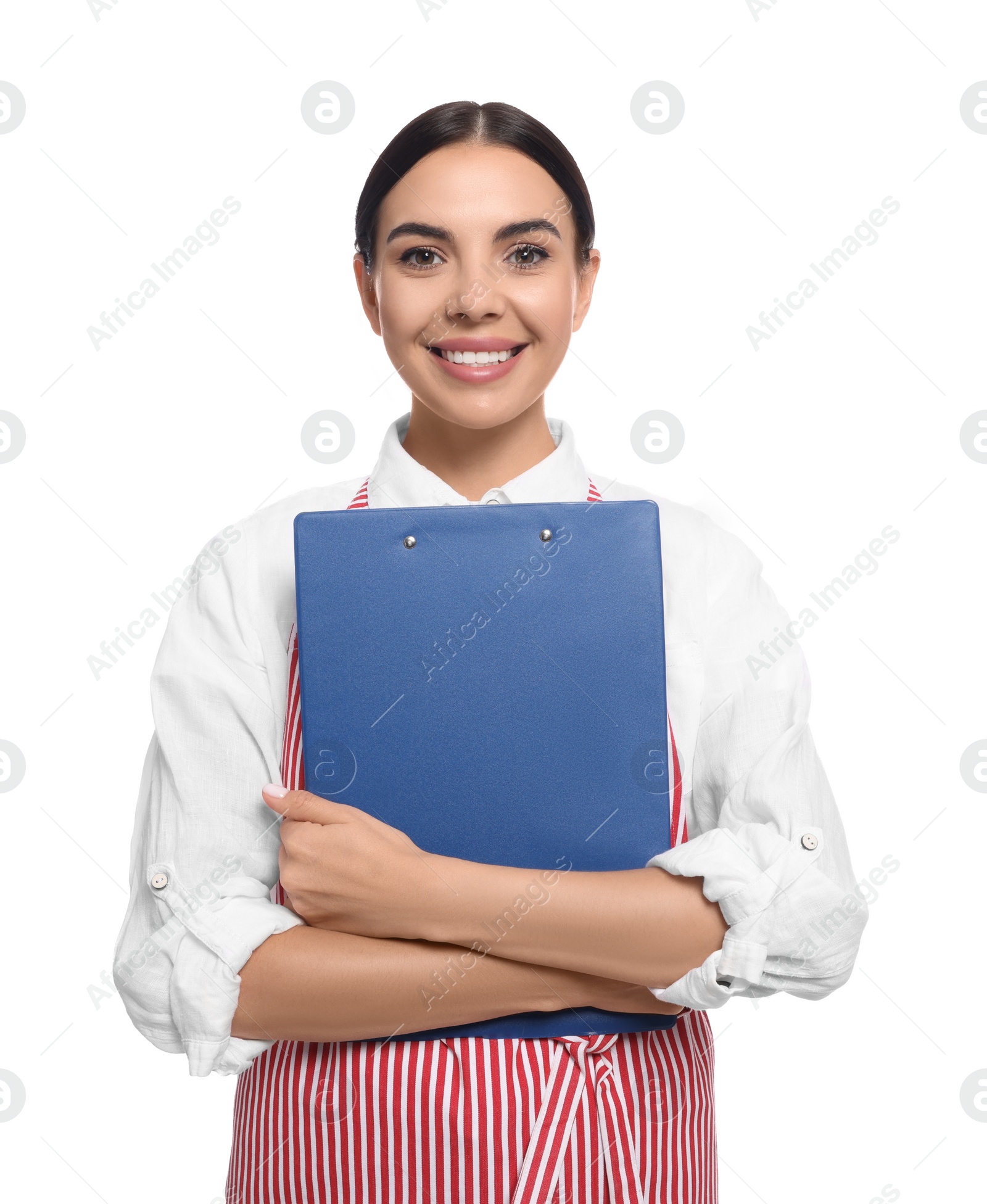 Photo of Young woman in red striped apron with clipboard on white background