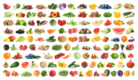 Image of Set of fruits, vegetables. berries and nuts on white background. Banner design