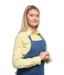 Photo of Beautiful young woman in denim apron on white background