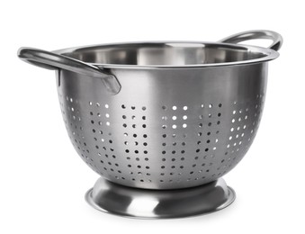 Photo of One metal colander isolated on white. Cooking utensil