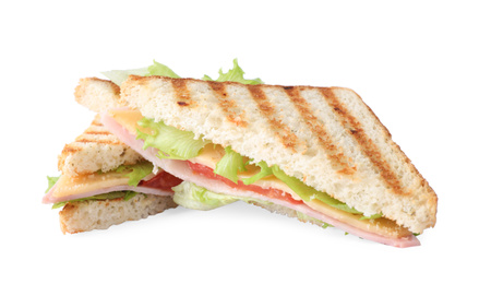 Photo of Tasty sandwich with ham on white background