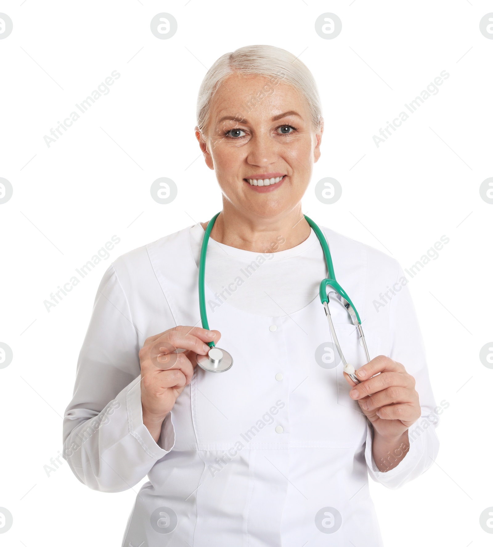 Photo of Portrait of female doctor isolated on white. Medical staff