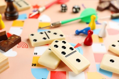 Photo of Components of board games as background, closeup