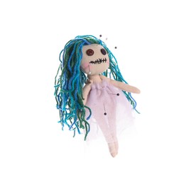 Photo of Woman stabbing voodoo doll with pin on white background, closeup. Curse ceremony