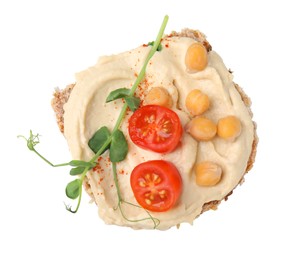 Delicious sandwich with hummus, tomato slices and chickpeas on white background, top view