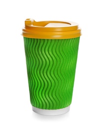 Photo of Takeaway paper coffee cup with lid on white background