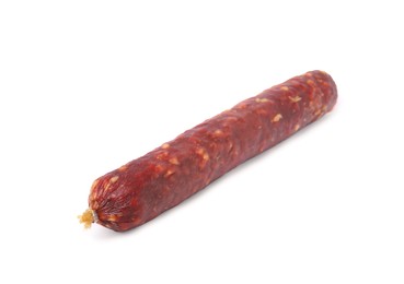 Photo of Whole delicious smoked sausage isolated on white