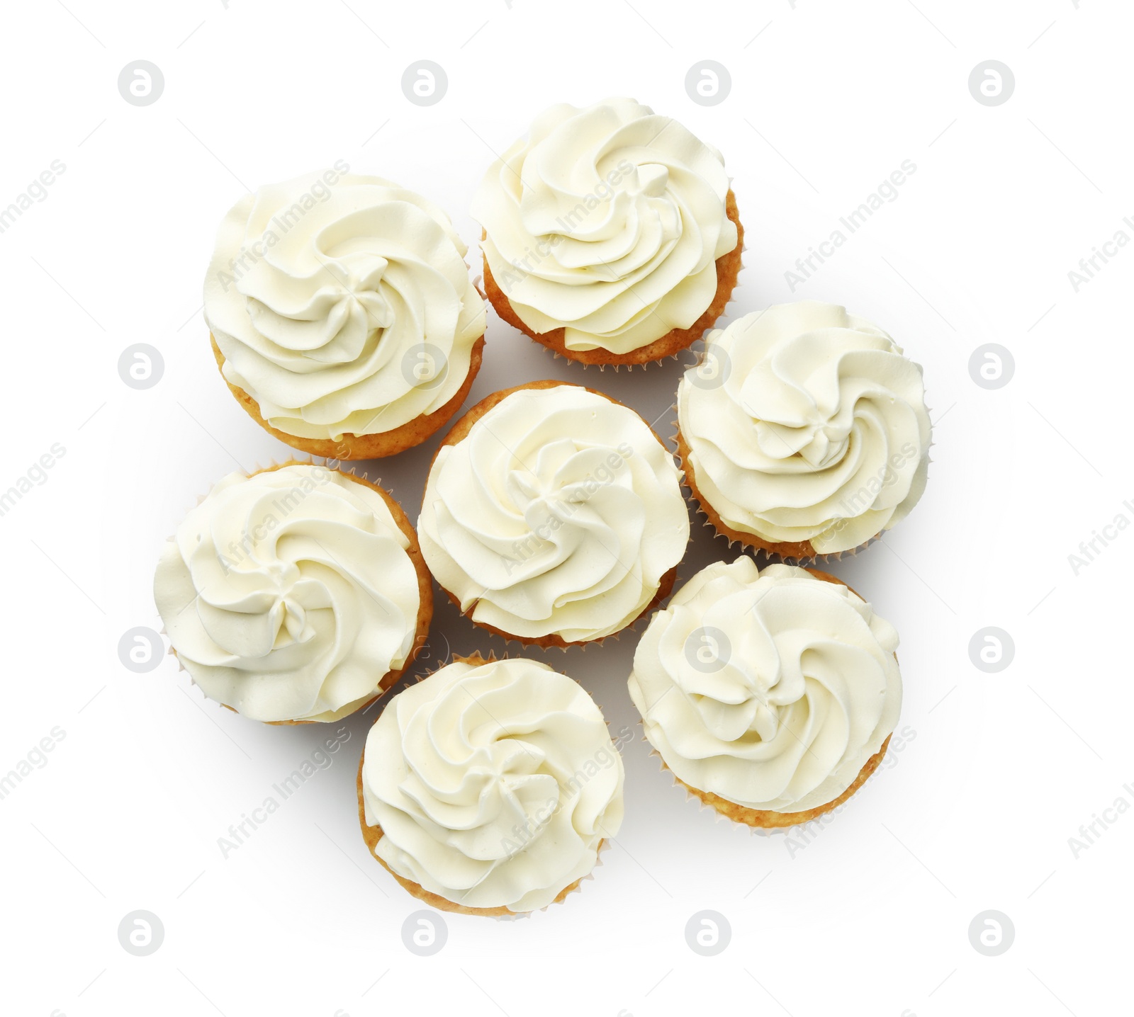 Photo of Tasty vanilla cupcakes with cream isolated on white, top view