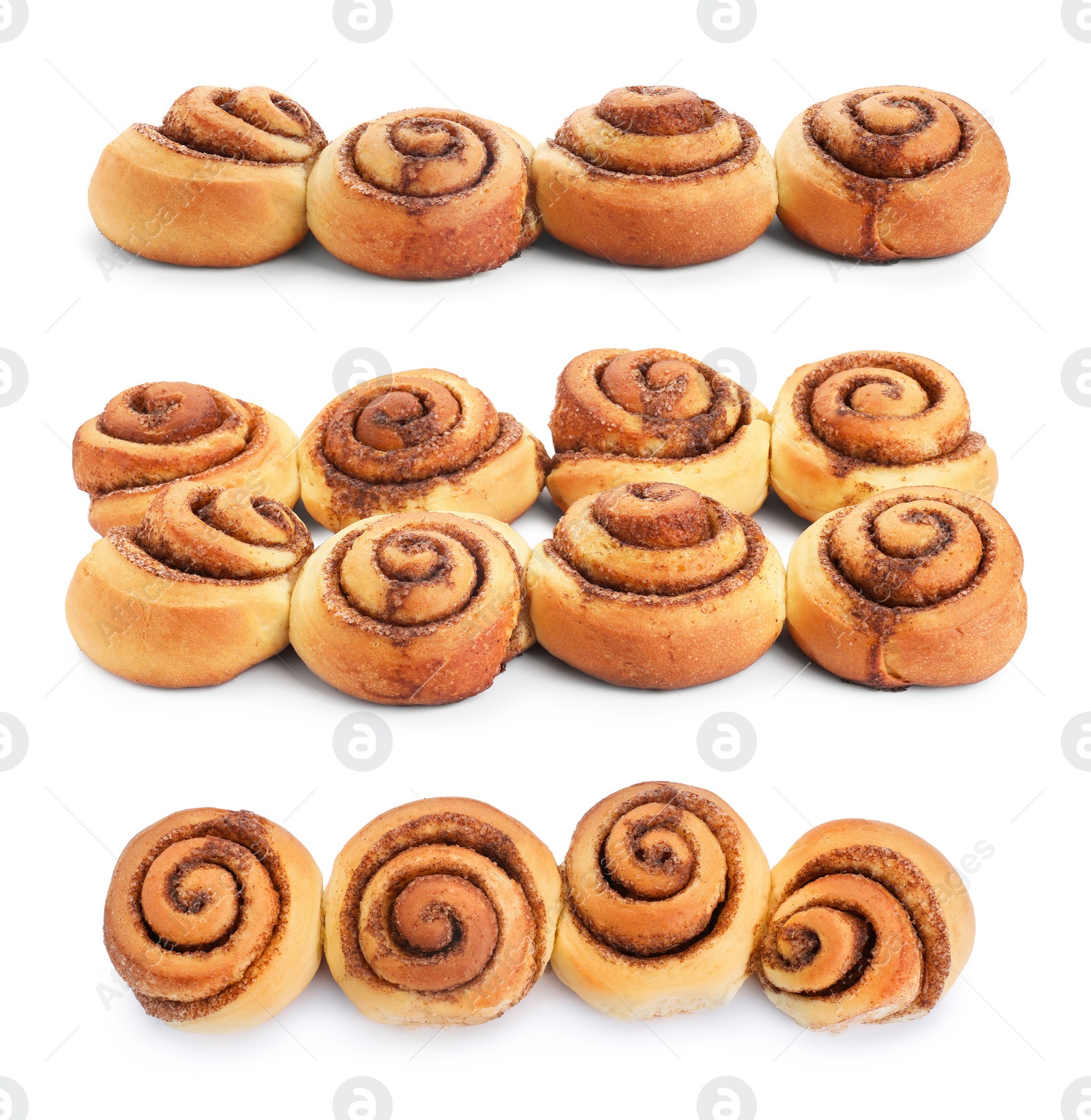 Image of Tasty cinnamon rolls isolated on white, set