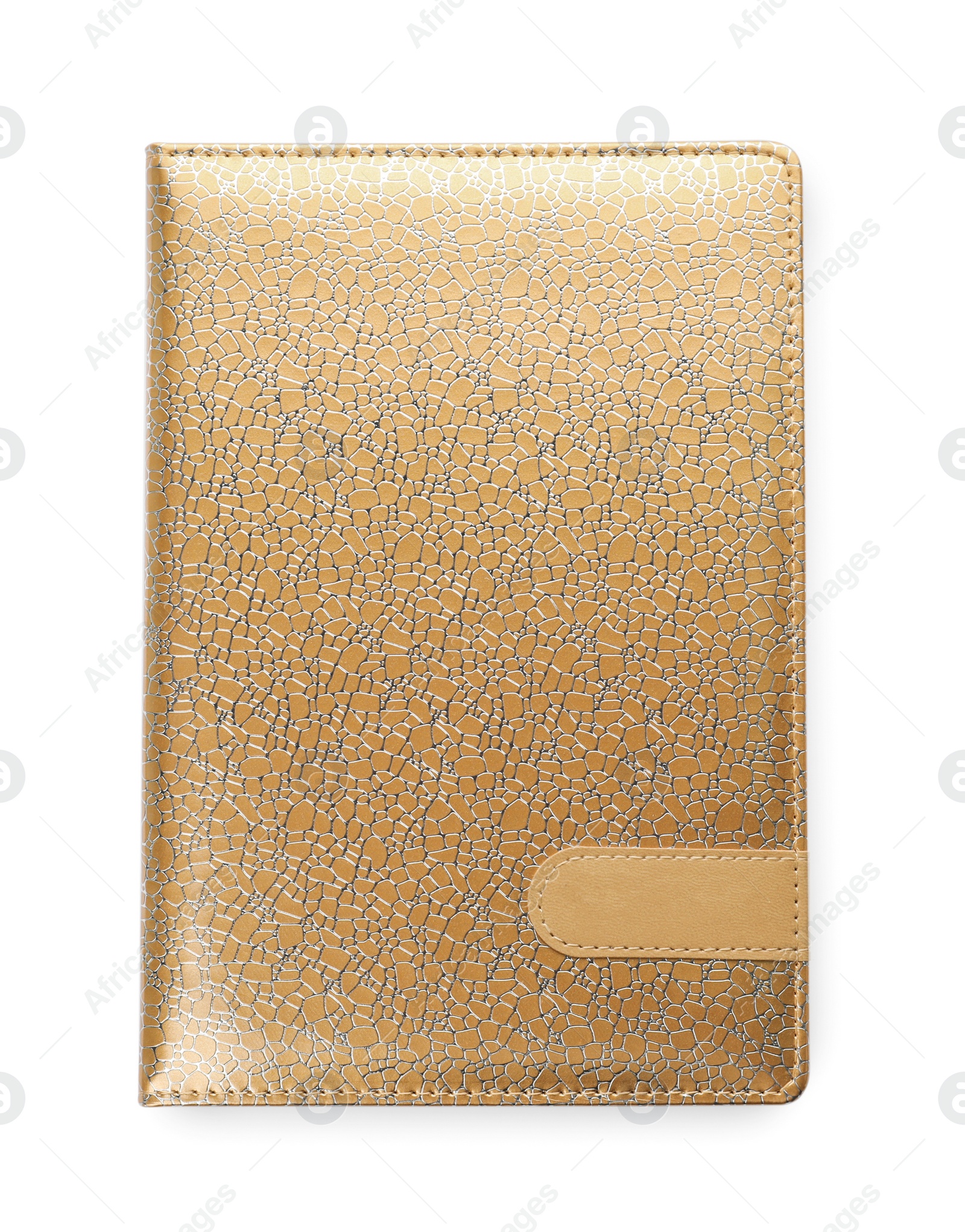 Photo of New stylish planner with leather cover isolated on white, top view