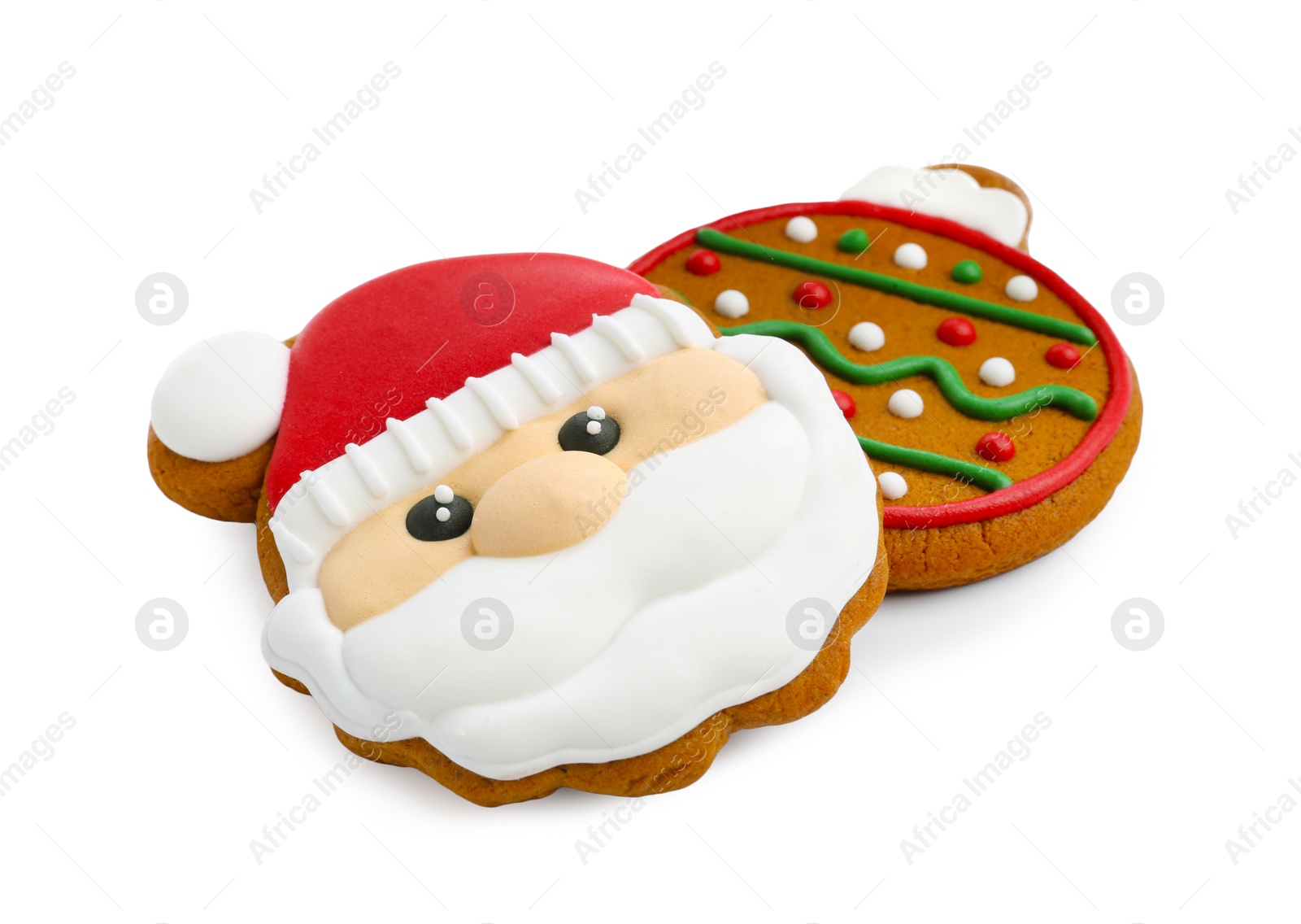 Photo of Tasty cookies in shape of Santa Claus and Christmas ball isolated on white