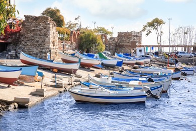 Picturesque view of port with moored boats on sunny day