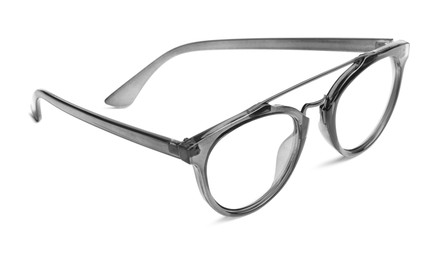 Stylish glasses with grey frame isolated on white