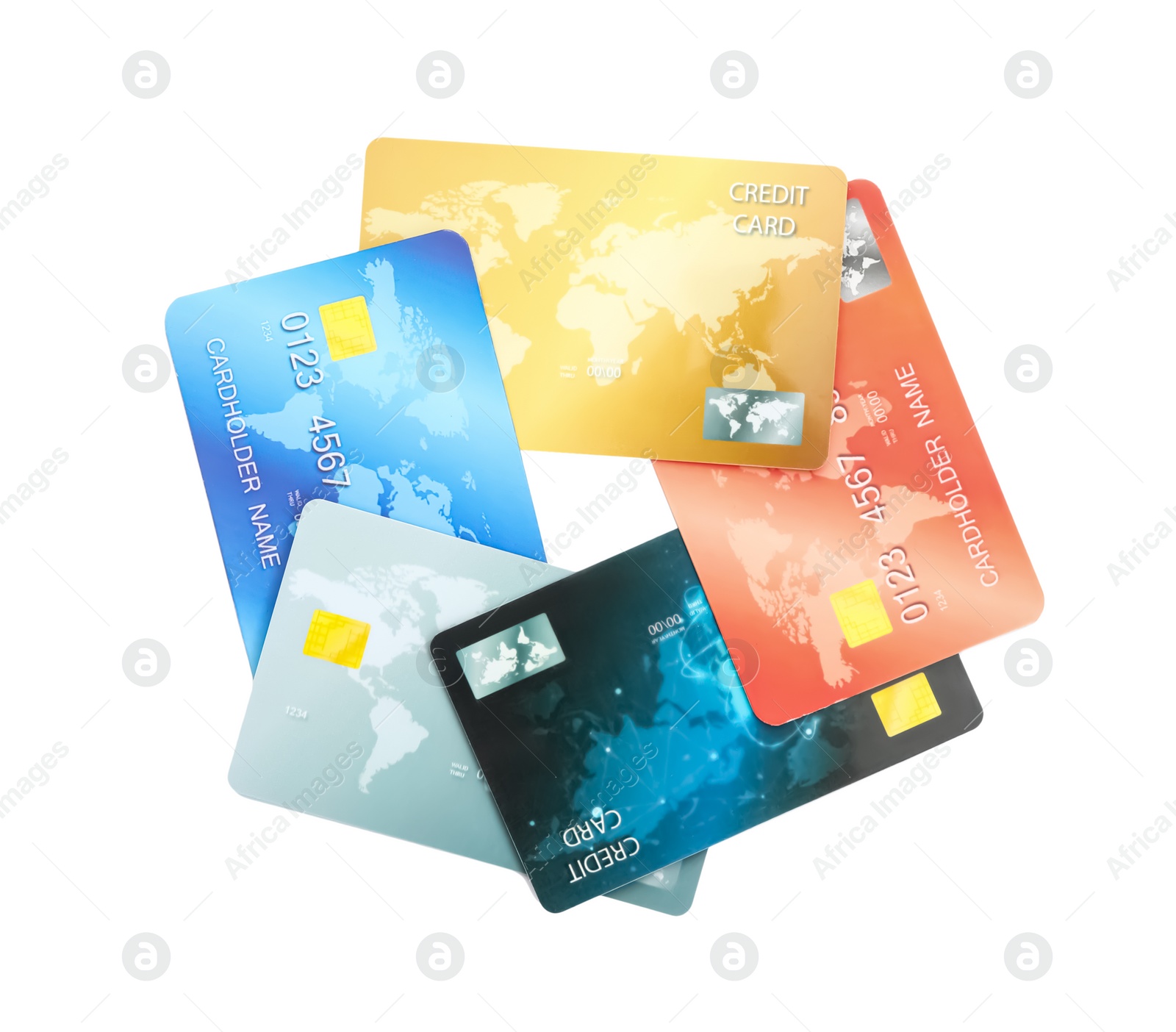 Photo of Different plastic credit cards on white background