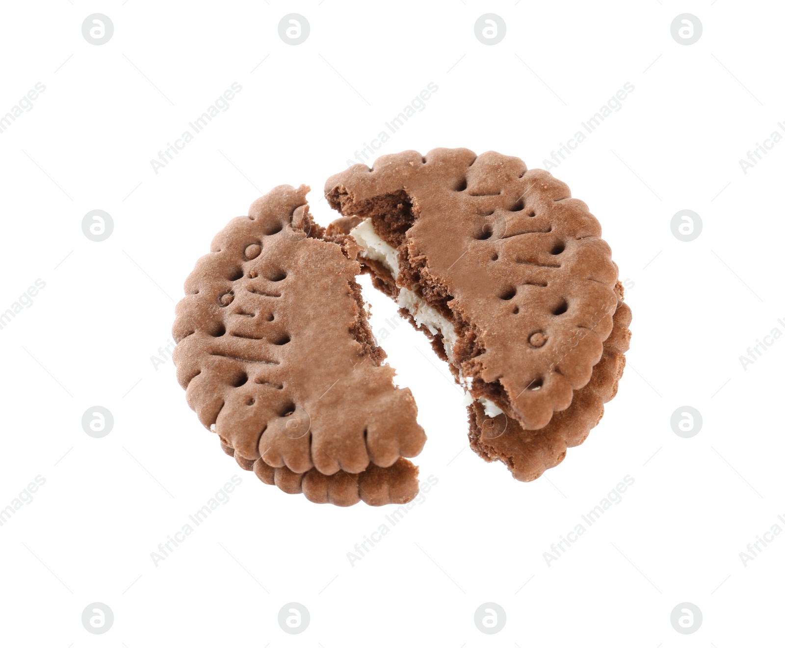 Photo of Broken tasty chocolate sandwich cookie with cream on white background