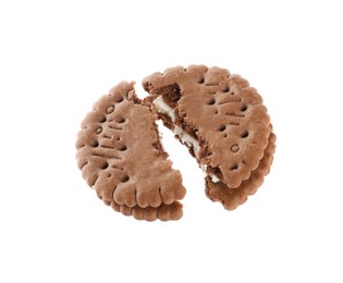 Photo of Broken tasty chocolate sandwich cookie with cream on white background