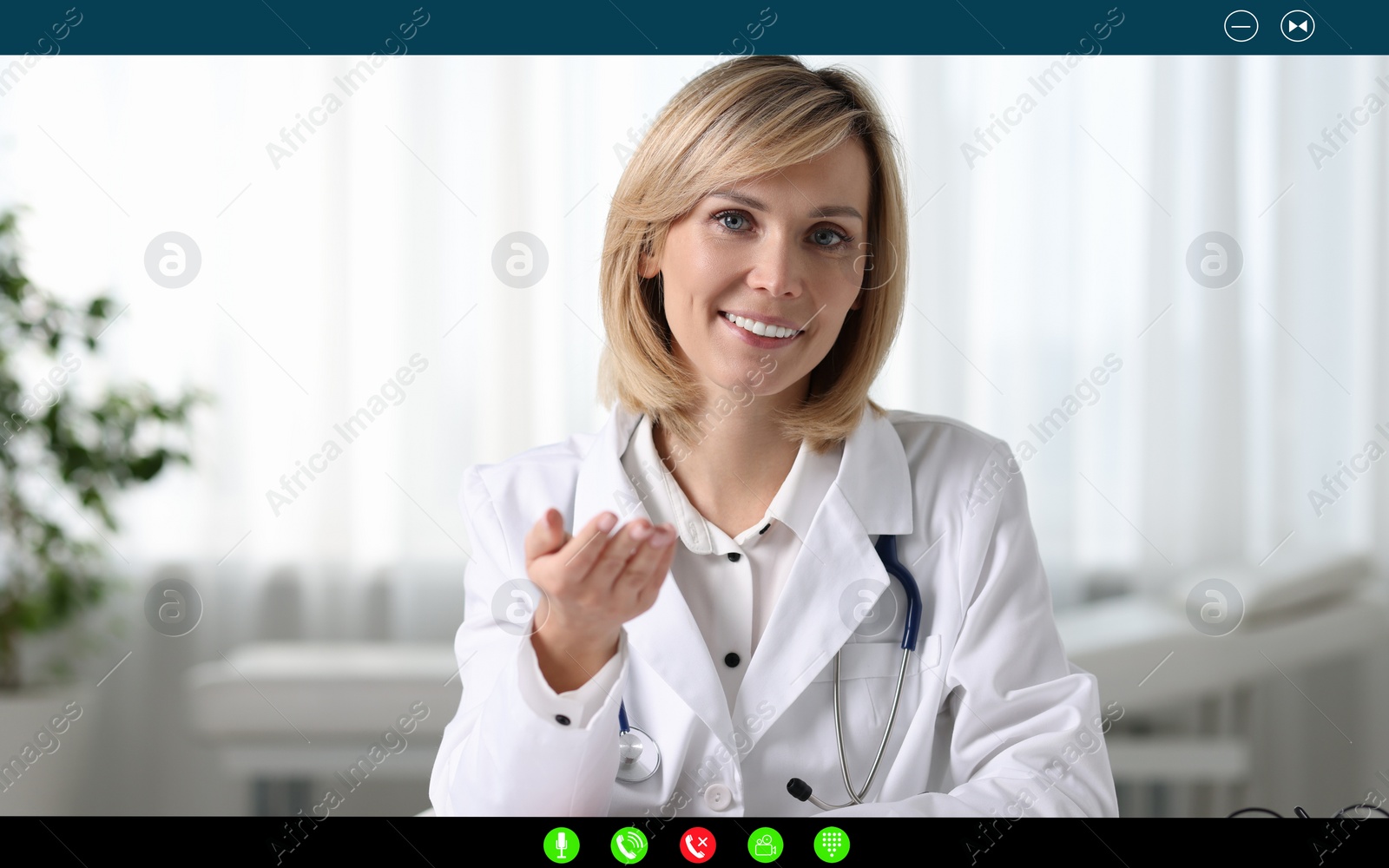 Image of Online medical consultation. Doctor working via video chat application